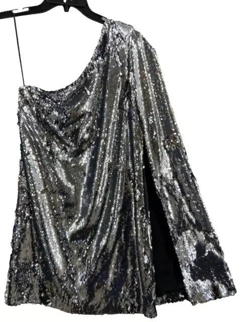 Reiss Eva Dress Womens Size 6 Silver Sequin Cape Mini One Shoulder Cocktail