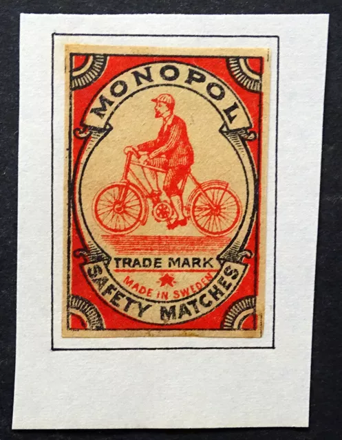 RARE! Antique CYCLIST Monopol BICYCLE RIDER Vintage MATCHBOX LABEL Sweden