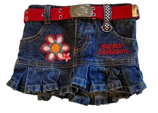 Harley Davidson Baby Girl Skort Blue Jean Denim Skirt Embroidered Belt Size 12M