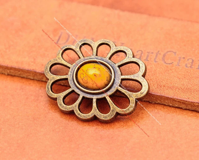 10X Latón Hueco Flor Ovalada Cuero Estuche Artesanal Cinturón Amarillo Turquesa Concho
