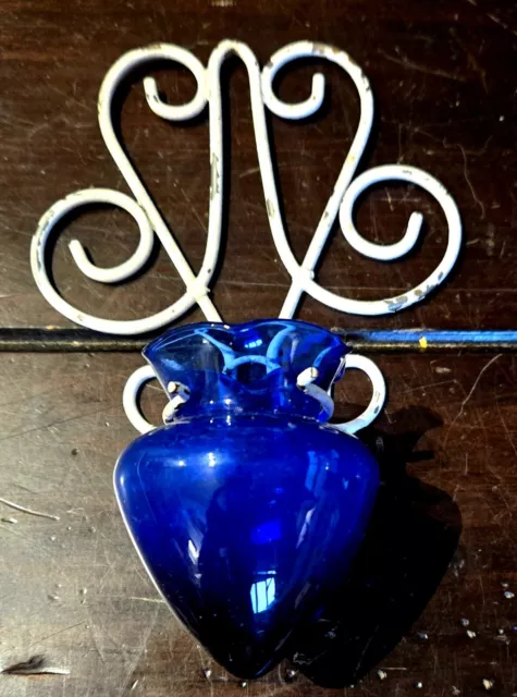 Vintage Hand Blown Cobalt Blue Miniature Flower Vase W Hanging Wall Sconce