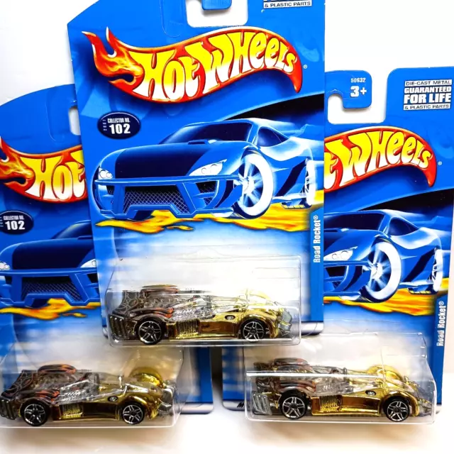 2001 HOT WHEELS #102 ROAD ROCKET GOLD CHROME W/CHROME PR5 SPOKE - Lot of 3