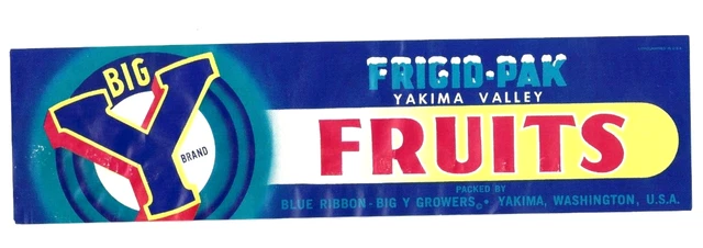 Original rare BIG Y fruit crate label Blue Ribbon-Big Y Growers Yakima Wash