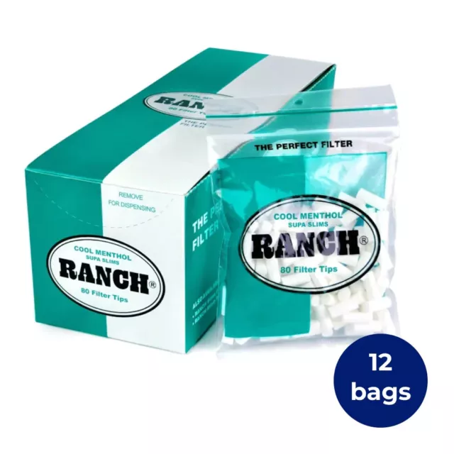 12 Bags Ranch COOL MENTHOL Supa Slims Filters, 130 Filters Per Bag