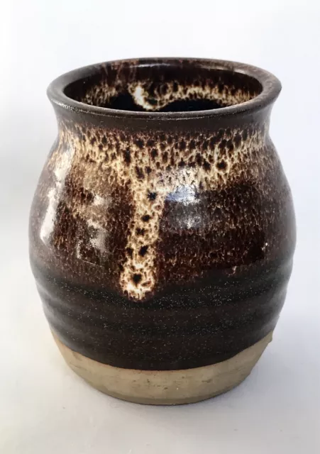 Small Vintage St Neots Studio Pottery Posy Vase Mottled Brown Ribbed Drip Glaze