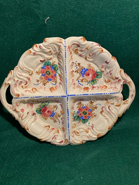 Vintage Pottery Divided Majolica Italian Serving Dish Flowers Side Handles Italy