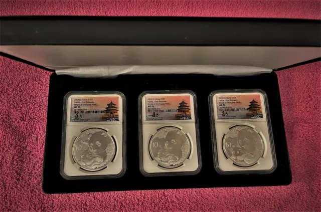 2019 (S) (Y) (G) China Silver Panda 3-Coin Set, Ngc Ms 70 Fr, Tong Fang Sig.