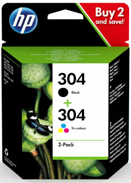 2 Cartucce Originali Hp304 Nero + Colore 3Jb05Ae Ufficiale Hp N9K05Ae + N9K06Ae