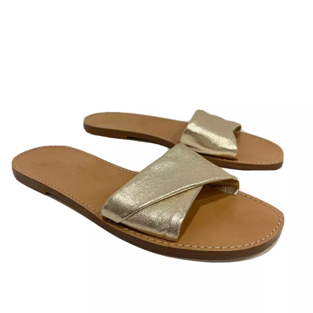 J. Crew Slides Sandals Gold Leather Size 7.5 Metallic Womens Shoes Open Toe Flat