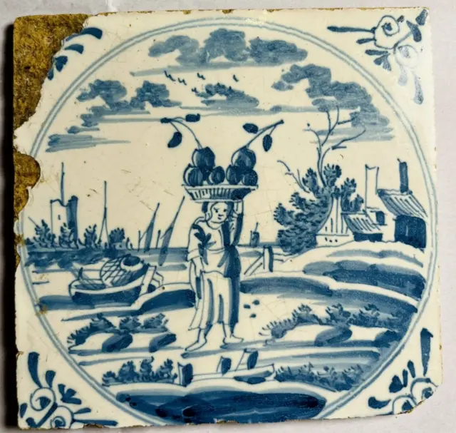 17th or 18th Century Dutch Blue and White Delft Tile - Fruit Carrier 2 - A10