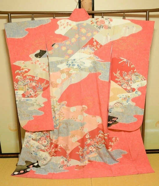 Furisode Silk Kimono Women Japanese vintage Wedding Robe 161cm /811