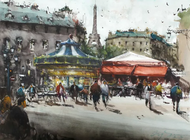 CITYSCAPE PAINTING WATERCOLOR ORIGINAL PARIS ARCHITECTURE LOUVR CAROUSEL 13x18in