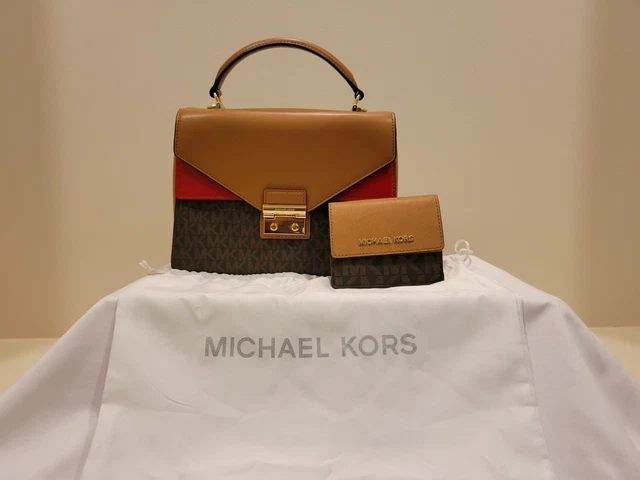 Michael Kors Michael Signature Sloan Satchel Brown/Acorn/Bright Red with Wallet