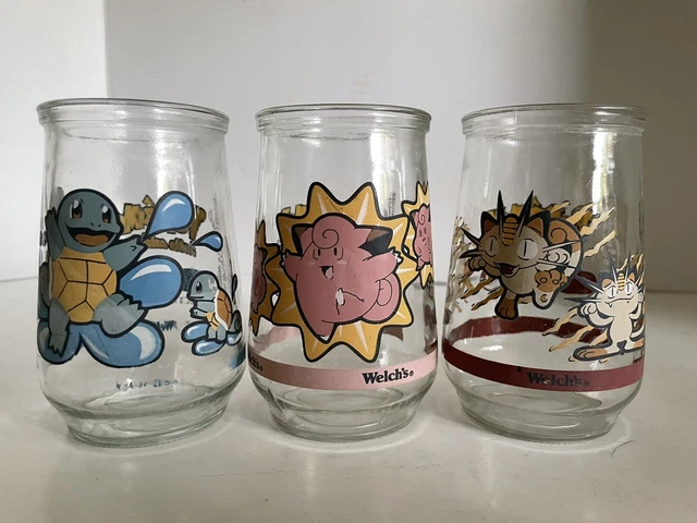 Pokémon Glass Welch’s Jelly 1999 - 3 Meowth, Squirtle, ￼Clefairy - Vntg