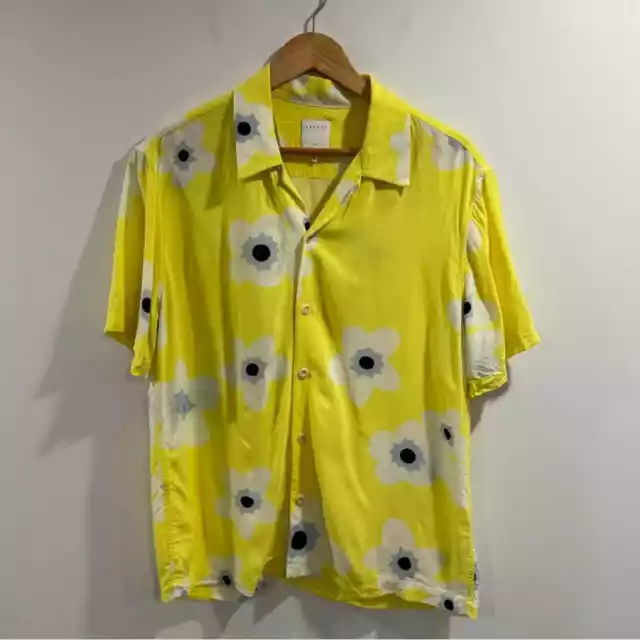 Sandro Men Floral Bloom Yellow Button Down Shirt Size Large