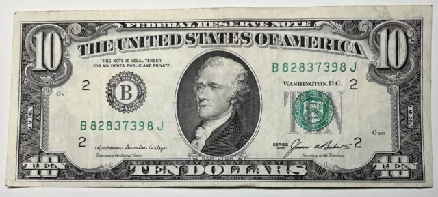1985 $10 Ten Dollar Bill Federal Reserve Note  New York Vintage Old Currency