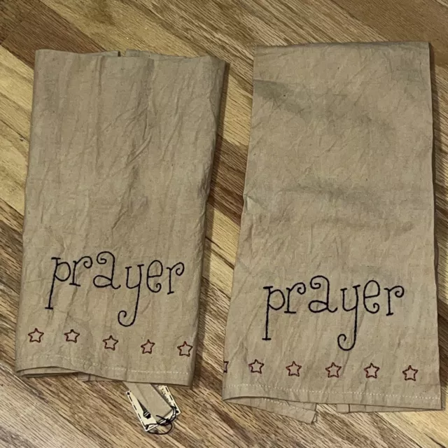 Kitchen TEA DISH Towel Embroidered Prayer & Stars Tan Cotton Rustic Primitive 2