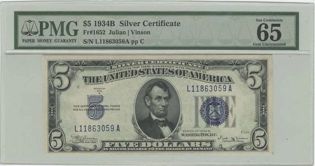 1934B $5 Silver Certificate FR# 1652 PMG 65EPQ Gem Unc
