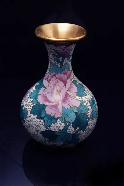 Vintage Chinese Brass Cloisonne Plum Shape Pink Peony Vase 2