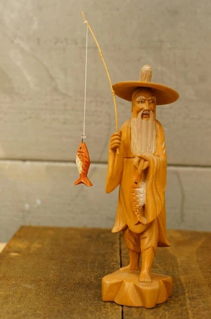 Vintage Hand Carved Folk Art Asian Man Fisherman With Fish Figurine Statue