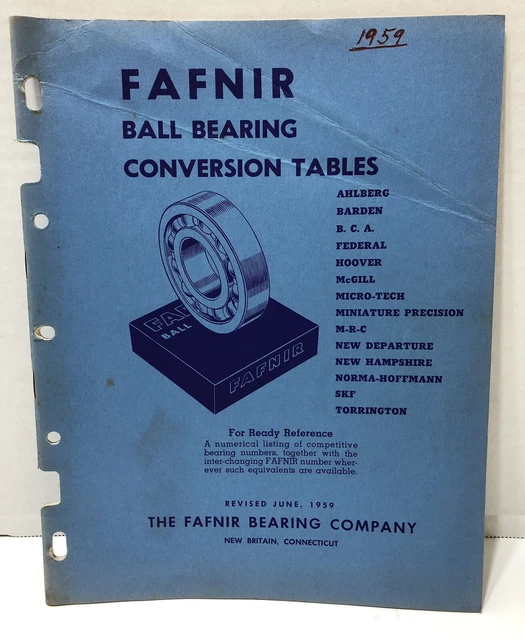 VINTAGE 1959 FAFNIR Ball Bearing Conversion Tables Catalog Book 12.95
