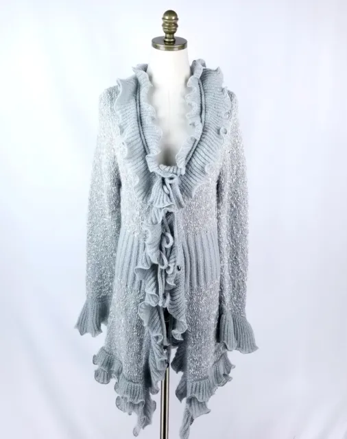 Sioni Long Cardigan Duster Size L Gray Yarn & Ribbon Knit Ruffles Tie Closure