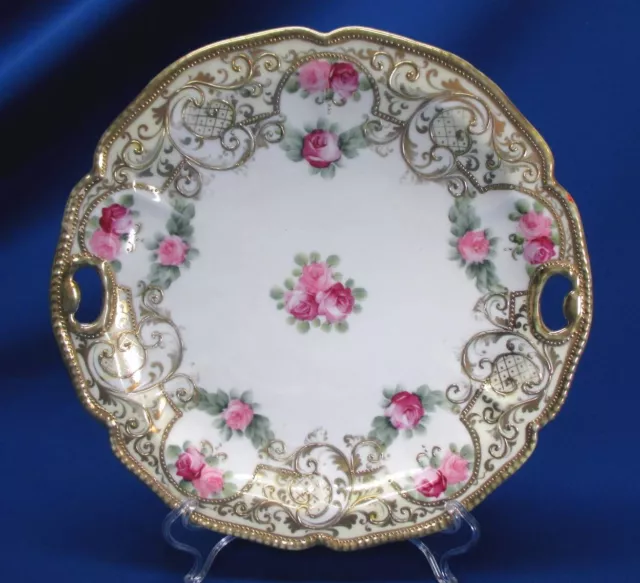 Hand-Painted Nippon Roses & Heavy Gold Beading Handled 10"Dia Plate