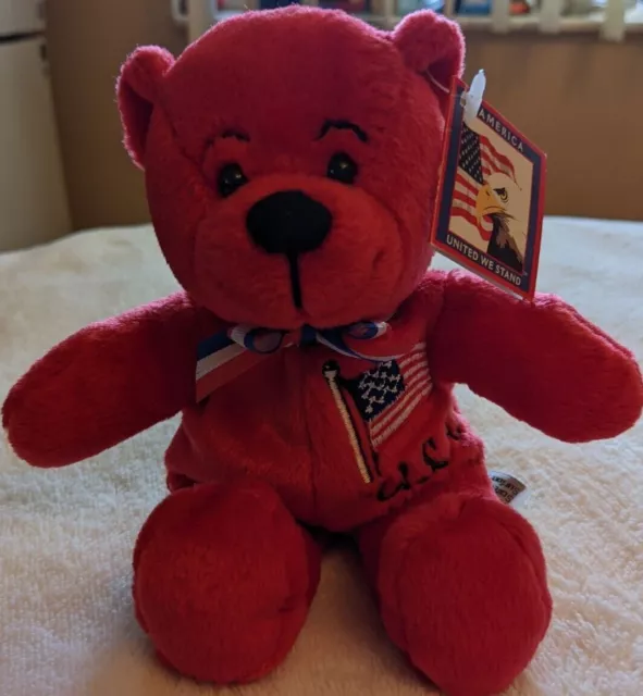 2001 Symbolz "God Bless America" Red Beanie Bear Plush Flag Stuffed Animal w/Tag