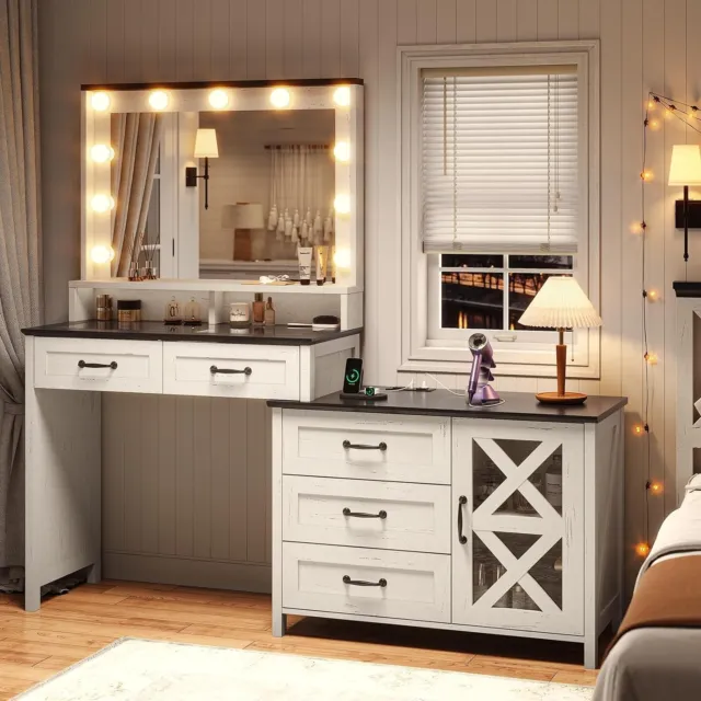 Makeup Vanity Desk with Large Mirror&Lights, Glass Top Vanity Table with Drawers