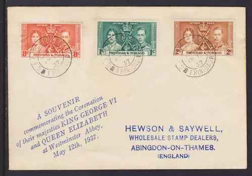 Trinidad & Tobago Sc 47-49 FDC. 1937 Coronation, complete set, F-VF