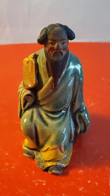 small Chinese MudMan Figurine Shiwan Kiln Ceramic Statue “wiseman with fan”,  3"