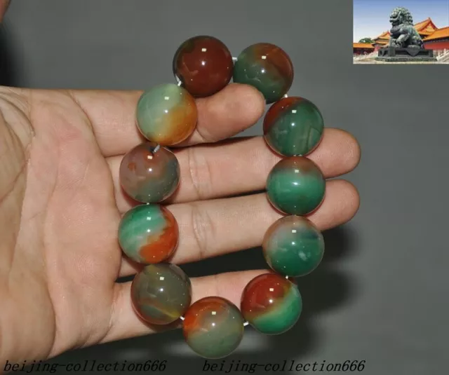 Old Chinese Natural Agate Onyx carve Exorcism Amulet periapt Bracelet Hand chain