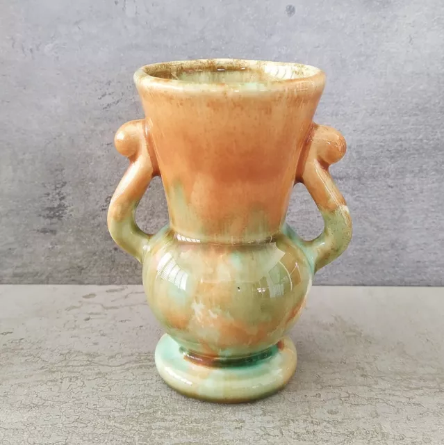 Vintage Diana Pottery Small Vase Urn Shaped Drip Glazed Orange Green 11.3cm tall