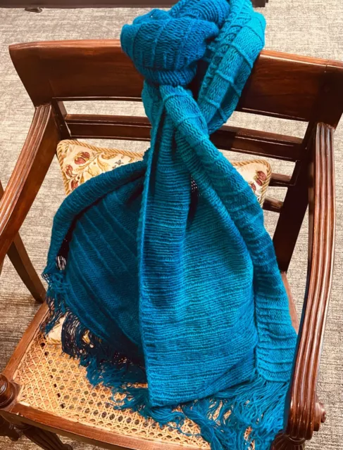 Pure Cashmere Handknitted Scarf Hand-dyed in Deep Turquoise Tonals