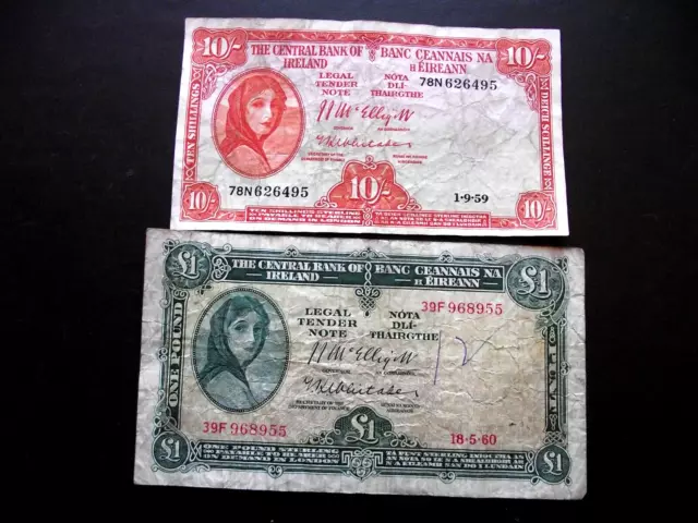Ireland. 2 Irish@Lady Lavery Banknotes: £1 Pound + 10 Shillings (1959-1960)