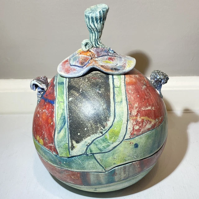 Handmade Low Fire Clay Wheel Thrown Colorful Round Pot & Matching Lid -Unsigned