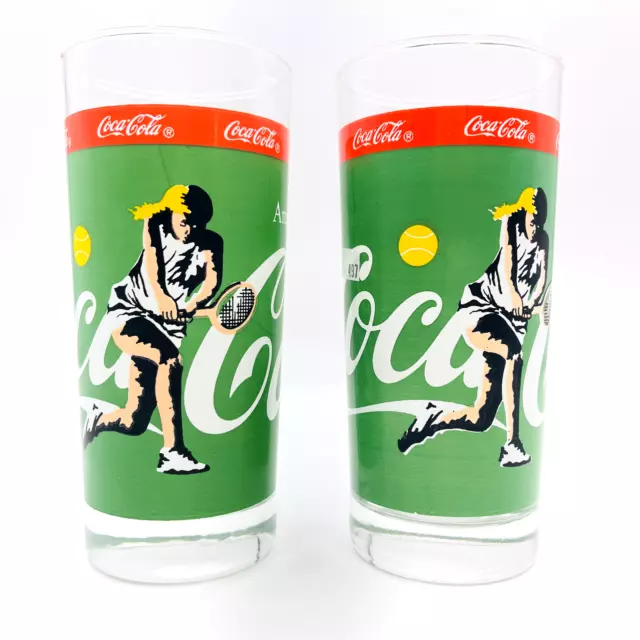 VTG Coca Cola Drinking Glass Tennis Player Green Tall Glasses