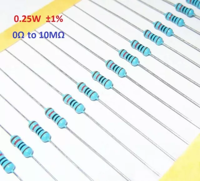 100 pièces 1/4 W 0,25 W résistance de film métallique ± 1 % - gamme complète de valeurs (0Ω à 10MΩ)