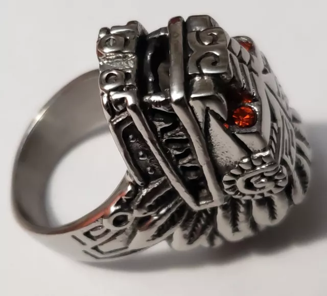 Silver Aztec Mayan Chicano Biker Lowrider Quetzalcoatl Ring red jewel eyes