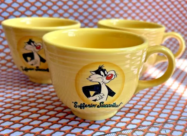 Fiestaware Looney Tunes 3 MUG LOT Sufferin Succotash Sylvester Cat yellow cup 😼