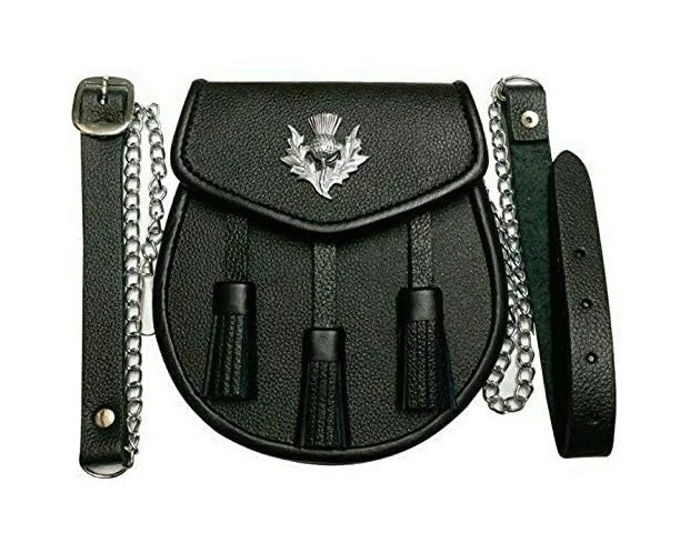 Borsa Sporran in pelle nera con 3 nappe kilt scozzese, distintivo cardo, cintura catena