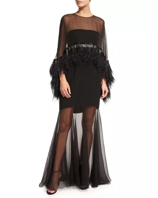 Andrew Gn Illusion Cape Gown Ostrich Feathers Black Dress Bead US 2 4 FR 36 Long