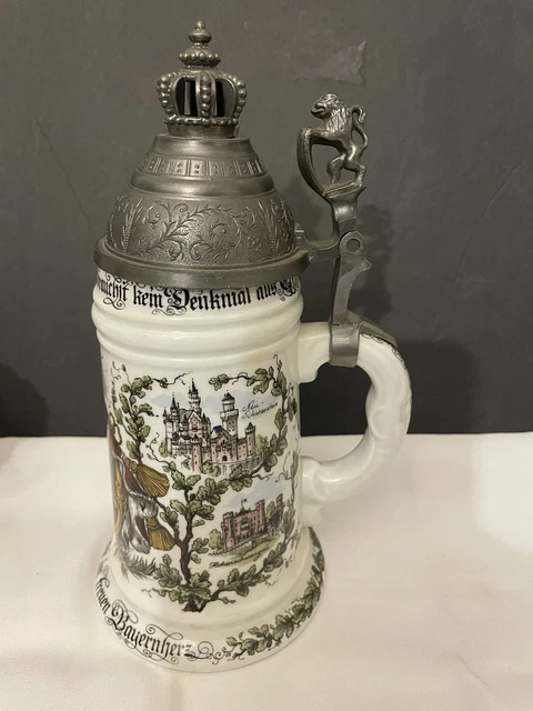 Military Regimental Scene German Beer Stein Pewter Lidded Lithopane