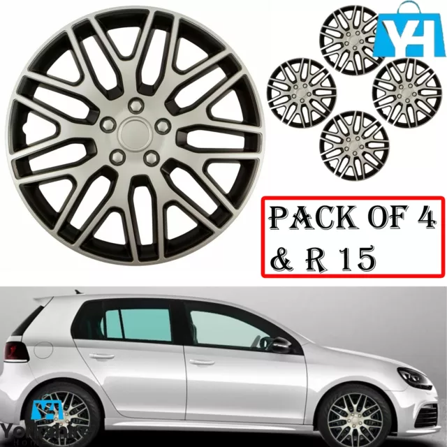 Wheel Covers Hub Caps 15 Inch Trims Trim Set Of 4 Plastic Darkar Silver & Black