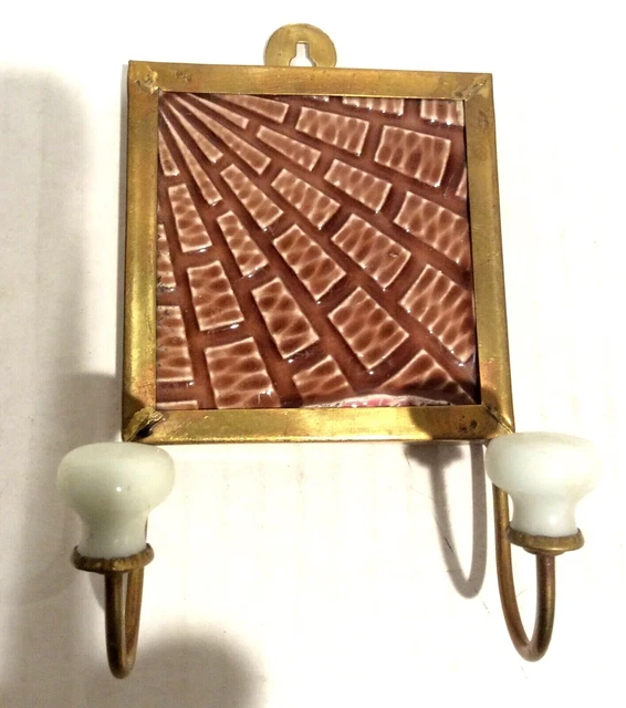 Japanese Tile and Brass Wall Hook, Vintage, Geometric