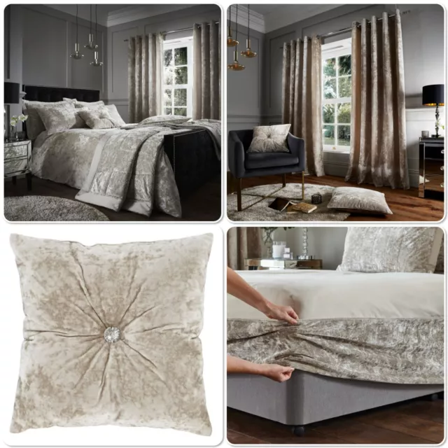 Catherine Lansfield Luxury Crushed Velvet Duvet Cover Bedroom Collection Natural