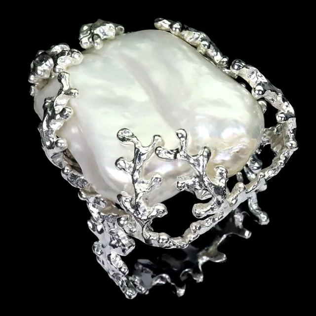 Baroque Blanc Perle 27x20mm 925 Argent Sterling Bijoux Grand Anneau Taille 9