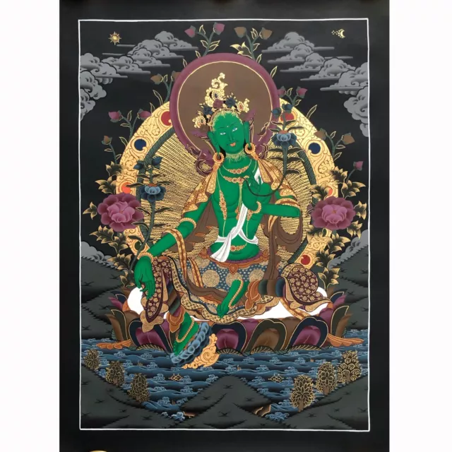Green Tara Thangka Art, Black Theme green tara Thangka, Tibetan Style