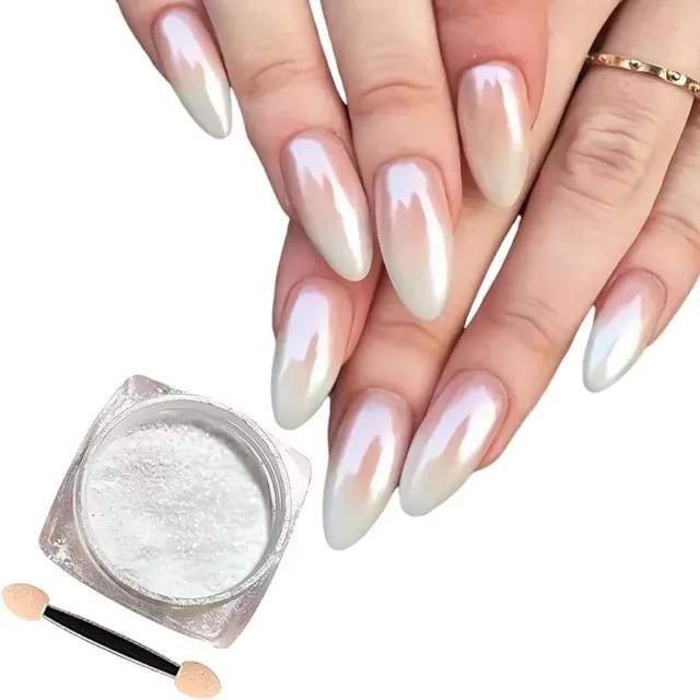 Pearl White Chrome Nail Powder, Ice Iridescent Chrome Powder Holographic Mirror