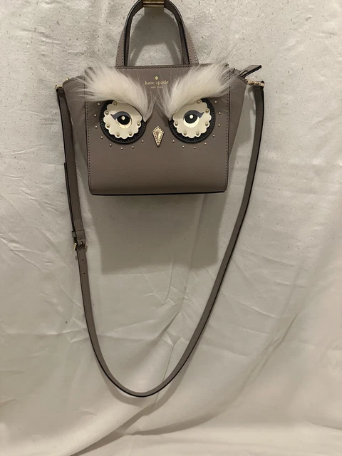 EC Kate Spade Bright Owl Mini Hadlee Gray Leather Crossbody Satchel Bag